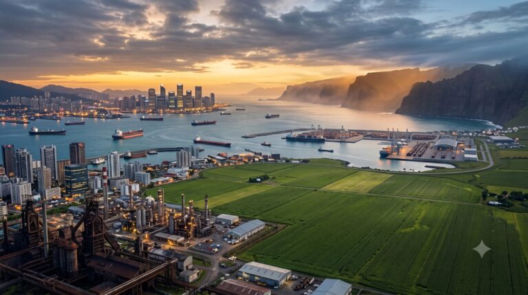 Luftaufnahme eines Hafens mit Frachtschiffen, Industrieanlagen, Stadtbebauung, grünen Feldern und Felsklippen im Abendlicht.